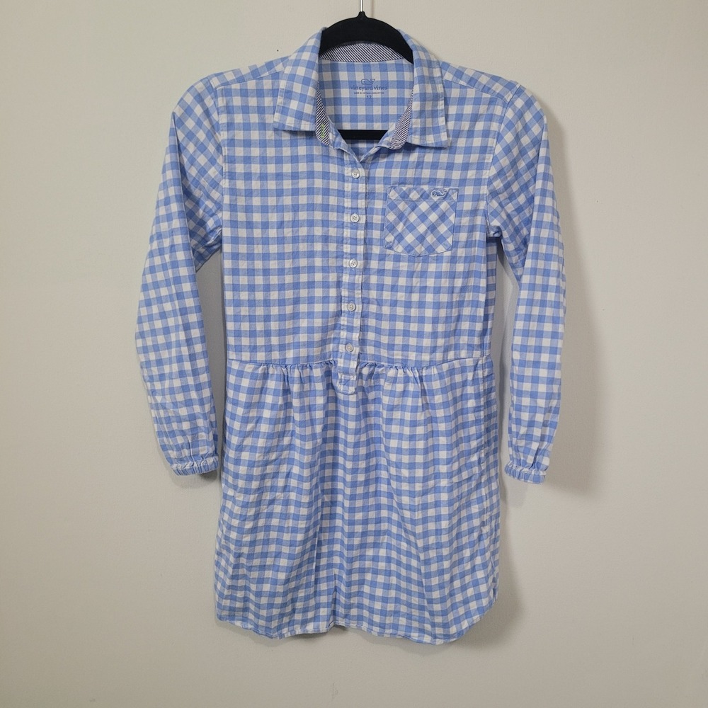 Vineyard Vines 12 Gingham Shirtdress Girls Blue White Button Front Cotton Whale